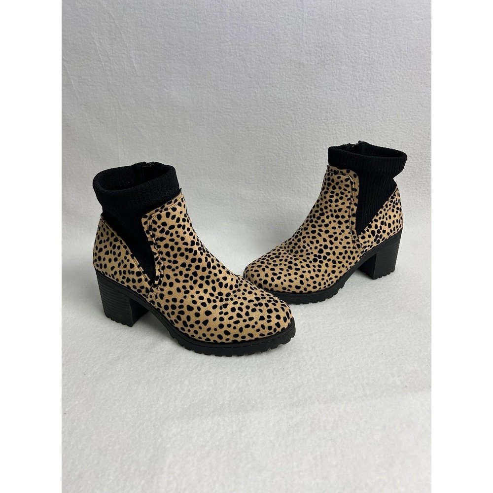 Animal Print Qupid Womens 7.5 Tan Black Cheetah Sock Bootie Lug Sole Ankle Boots